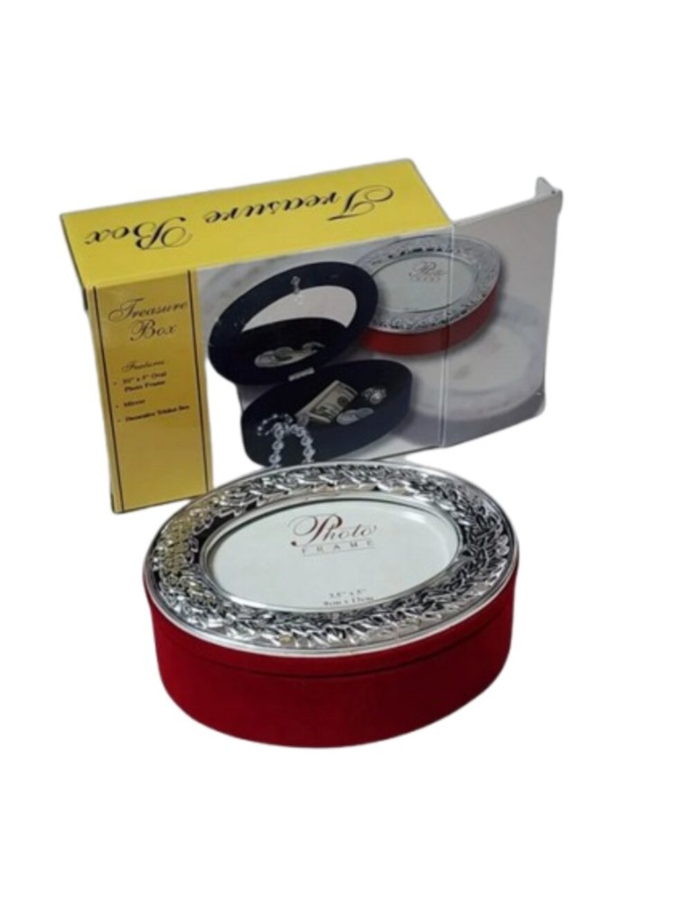 Vintage Oval Velvet Jewelry Treasure Box & Photo Frame Silver Tone Vanity Decor